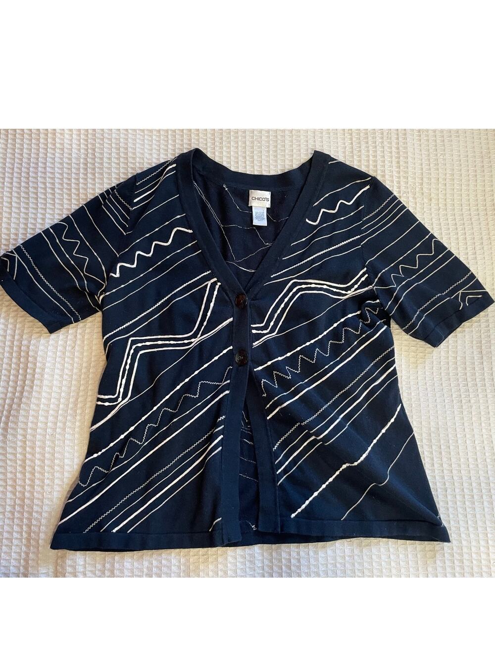 Chico’s Black Embroidered Short Sleeve Double Button Summer Cardigan 2 (Large)